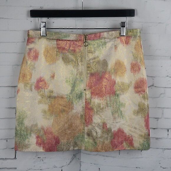 H&M GOLD PINK & GREEN METALLIC FLORAL MINI SKIRT SIZE 10 - Picture 4 of 6